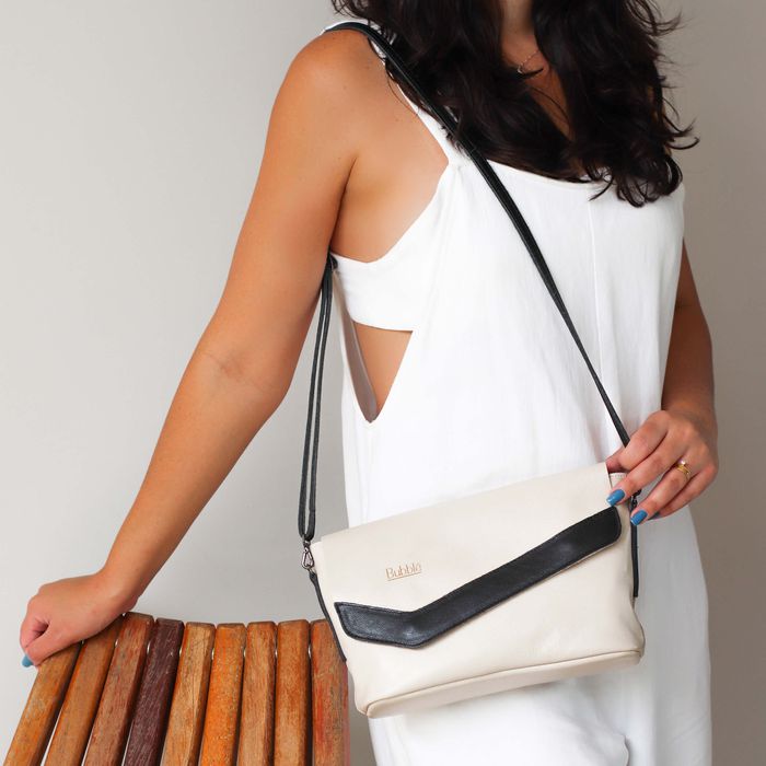Bolsa de Couro - LUZ - Off White e Preto - Bubblê
