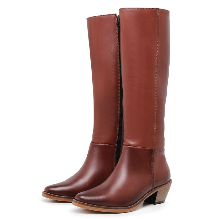 Bota cano longo caramelo online couro