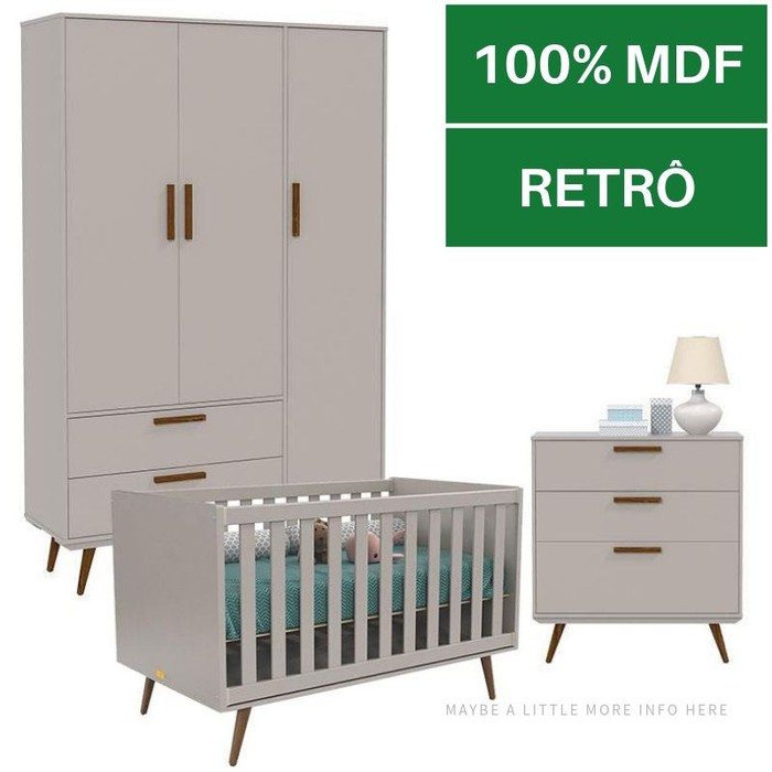 Conjunto Matic Retro Berco Americano Comoda 3 Gavetas Guarda Roupa 3 Portas Cinza Ecowood Incasa Moveis
