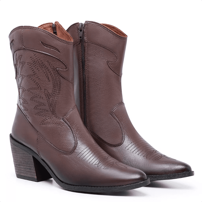 Bota Texana Ana Castela Feminina Bordada couro Caf... - NAYKAZUMI