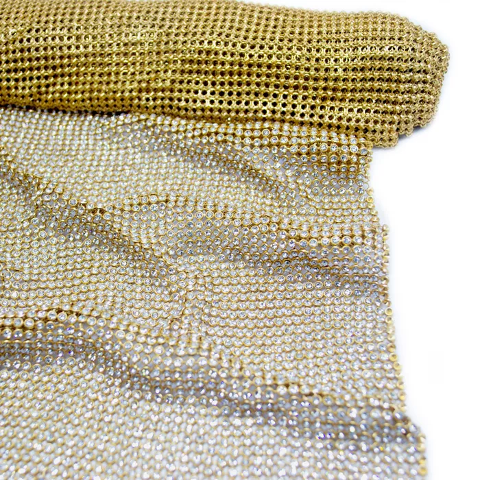 Malha de Strass Colméia 120x55cm - Cristal, Dourad... - BM Strass