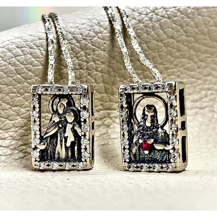 Escapulário Sagrado Coração De Jesus e Virgem Maria Cravejado Prata 925 