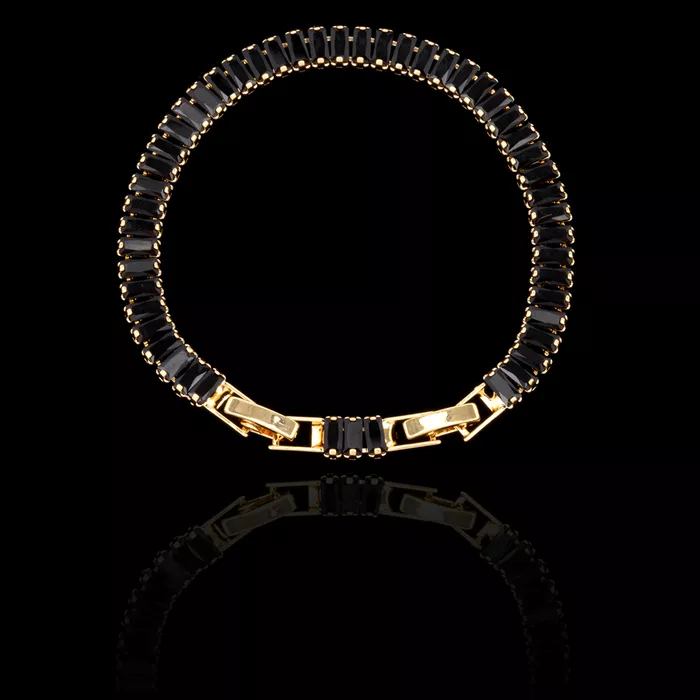 Pulseira Riviera Malha Esteira Preta 5x2mm Aço Inox Dourada