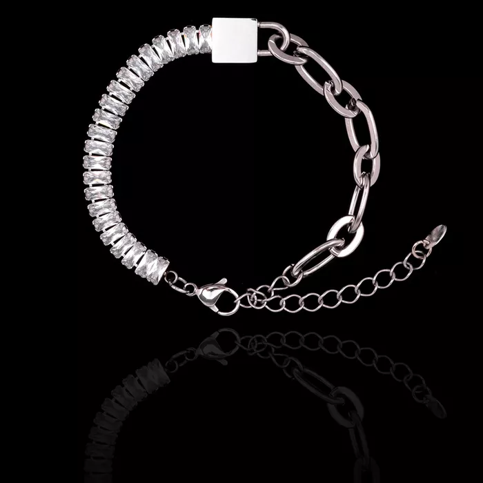 Pulseira Zircônia Incolor com Corrente Aço Inox Prateado