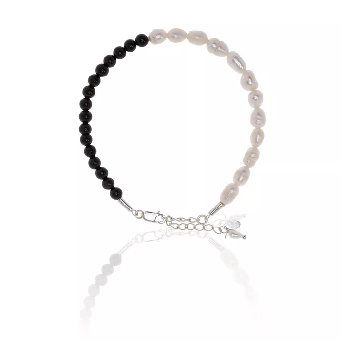 Pulseira Pérola Água Doce/Ônix Negra Prata 925