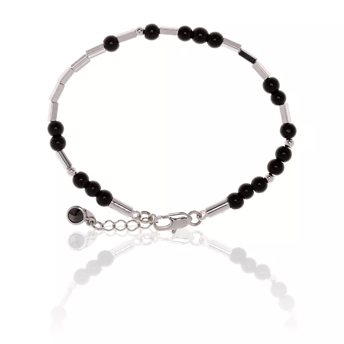 Pulseira Pedra Natural Ônix Negra Canutilho Semijoia RB