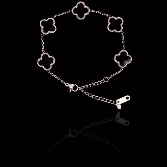 Pulseira Trevo Preto Aço Inox Prateado
