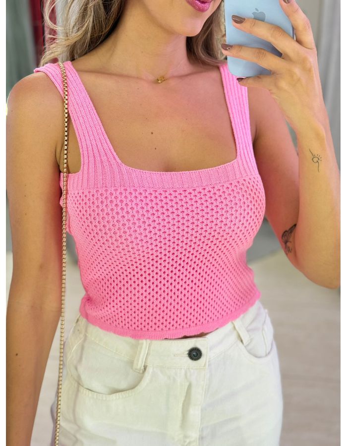 CROPPED ALÇA FURINHO ROSA - MOOD STORE