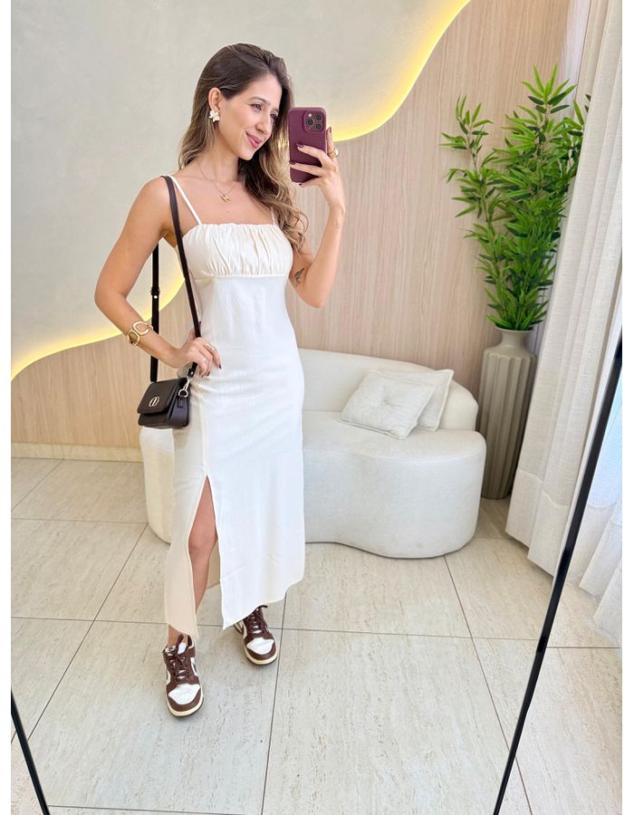 VESTIDO MIDI SUELEN AREIA - MOOD STORE