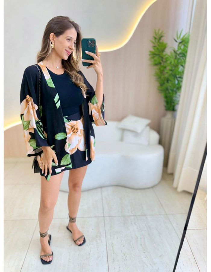 CONJUNTO KIMONO PRETO/NUD - MOOD STORE