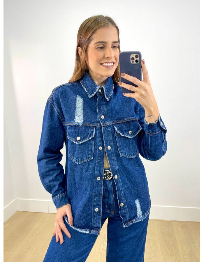 Camisa Com Puídos Jeans Escuro - Stefânia Dinardi Store