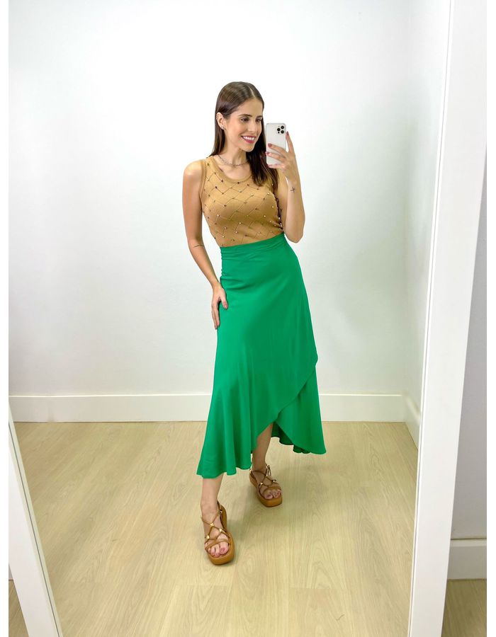 Saia Midi Envelope Verde Bande... - Stefânia Dinardi Store