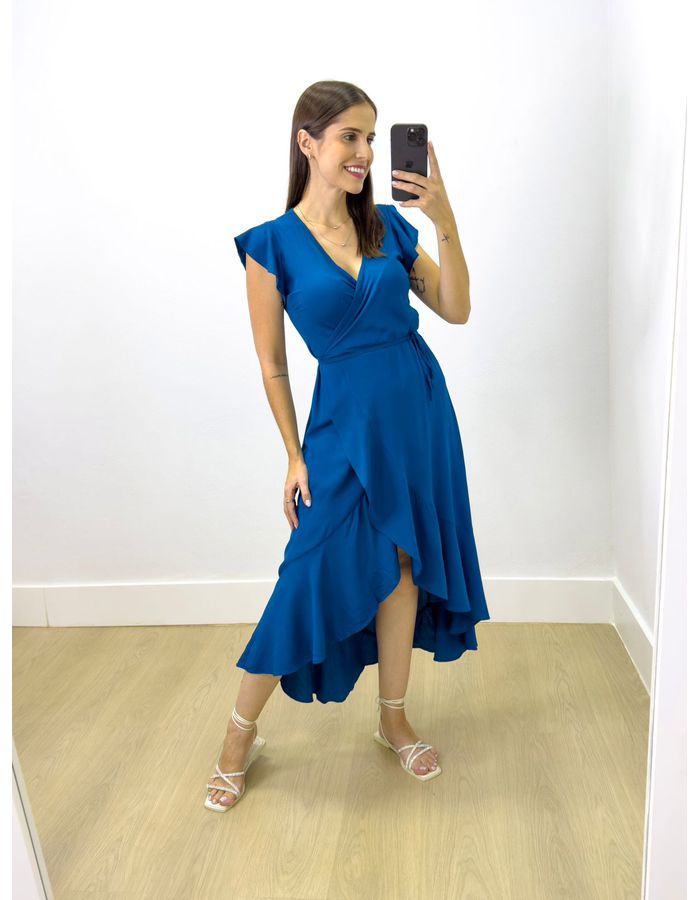 Vestido Midi Envelope Azul Pet... - Stefânia Dinardi Store