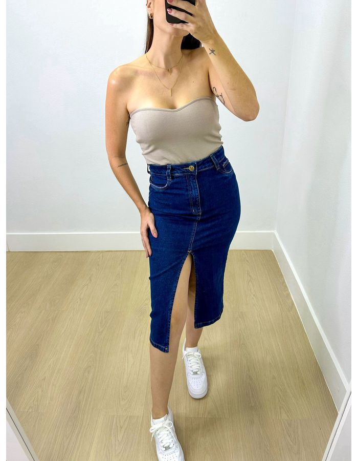 Saia Midi Jeans Com Fenda Fron... - Stefânia Dinardi Store