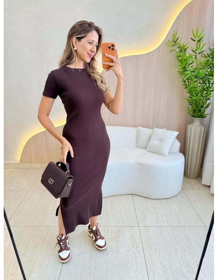 VESTIDO MIDI SOPHIA CAFÉ - MOOD STORE
