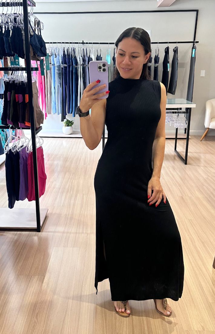 Vestido Canelado Longo Preto - Texfit Brasil