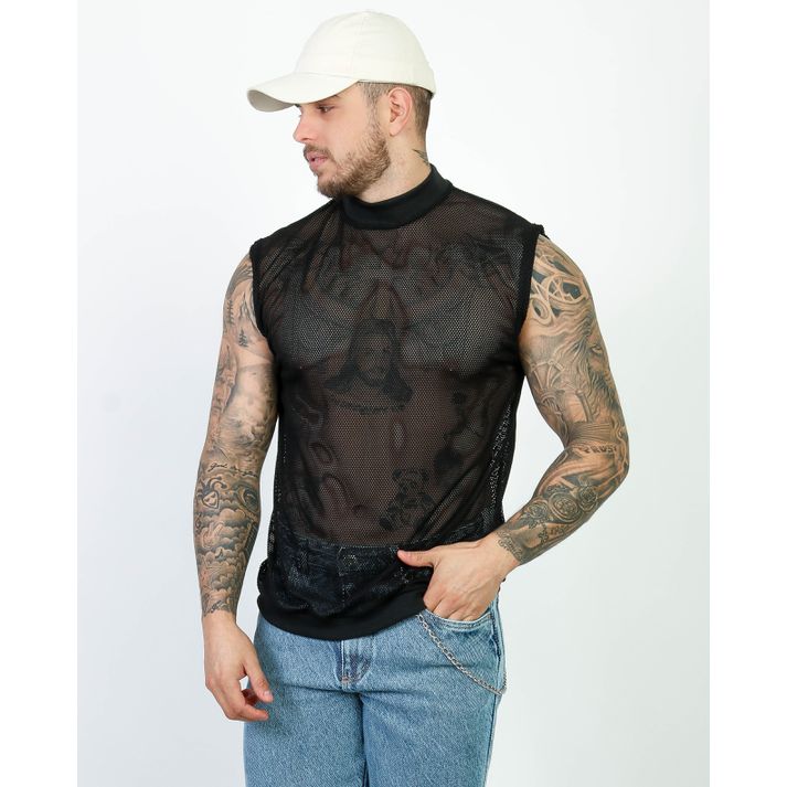 Camiseta Regata Gola Alta Malha Ramada Telinha Tex... - CHIEREGATO OUTLET