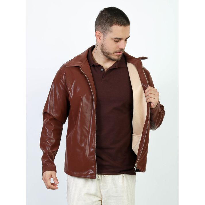 Jaqueta Marrom Couro Sintético Brilho Glow Ziper P... - CHIEREGATO OUTLET