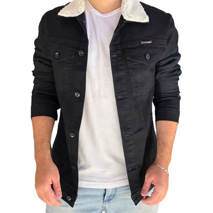 Jaqueta Preta Slim Detalhe Na Gola Com Pelo Branco... - CHIEREGATO OUTLET