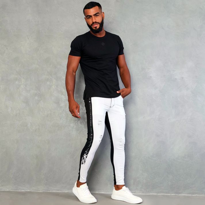 Calça Branca Bicolor Com Destroyed Skinny Premium ... - CHIEREGATO OUTLET