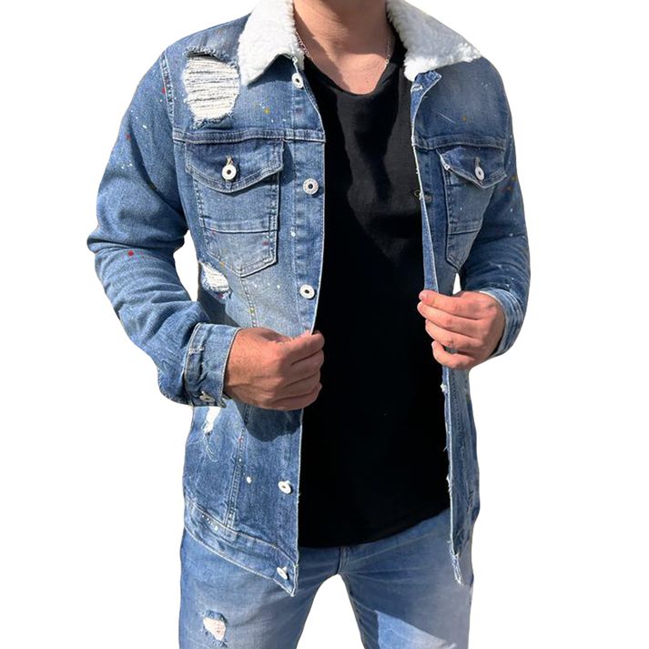 Jaqueta Jeans Masculina Destroyed Slim Pelinho Gol... - CHIEREGATO OUTLET