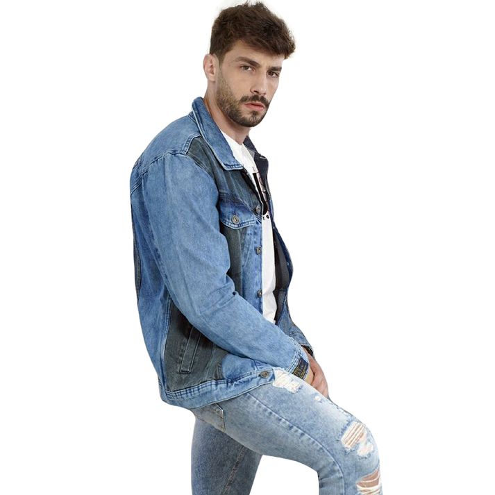 Jaqueta Jeans Azul Detalhes Bicolor Masculina Moda... - CHIEREGATO OUTLET