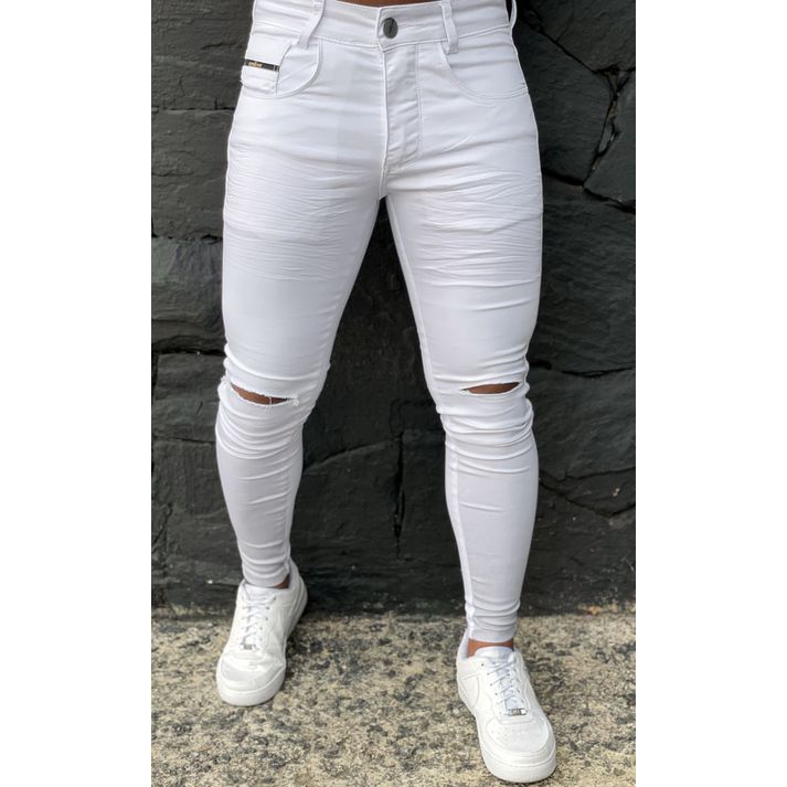 Calça Branca Skinny Com Rasgos Corte No Joelho Des... - CHIEREGATO OUTLET