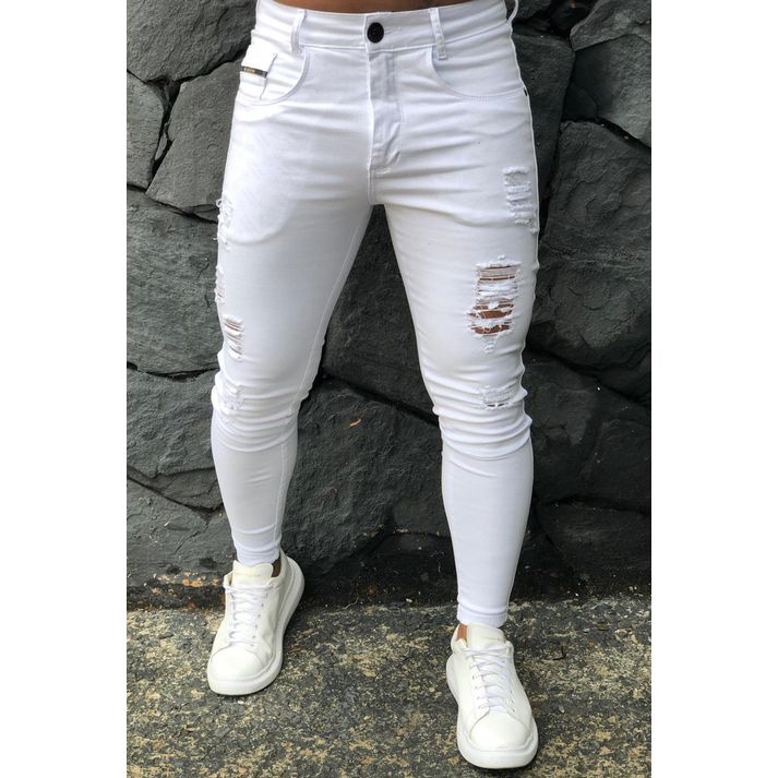 Calça Skinny Branca Destroyed Rasgada Masculina Pr... - CHIEREGATO OUTLET