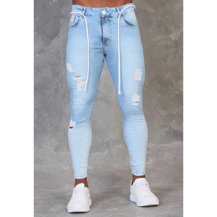 Calça Jeans Azul Clara Skinny Destroyed Com Cordão... - CHIEREGATO OUTLET