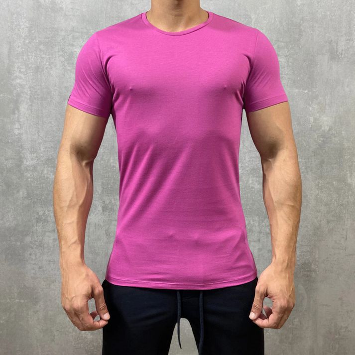 Camiseta Rosa Masculina Slim Lisa Básica Manga Cur... - CHIEREGATO OUTLET