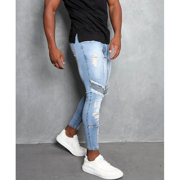 Calça Jeans Destroyed Super Skinny Recortes Tachas... - CHIEREGATO OUTLET