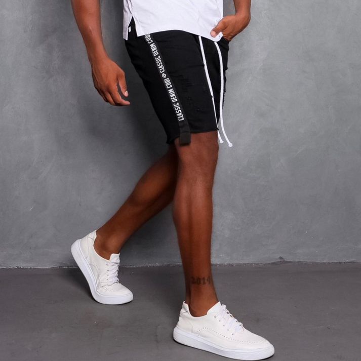 Bermuda Preta Destroyed Super Skinny Com Cordão Ma... - CHIEREGATO OUTLET