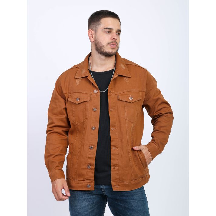 Jaqueta Sarja Caramelo Marrom Detalhes Destroyed M... - CHIEREGATO OUTLET