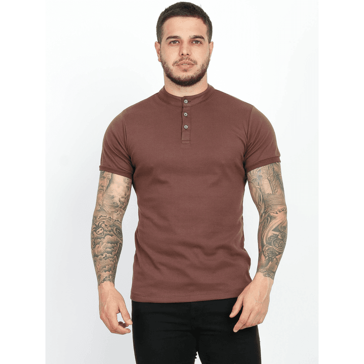 Camiseta Masculina Henley Gola Padre Marrom Suedin... - CHIEREGATO OUTLET