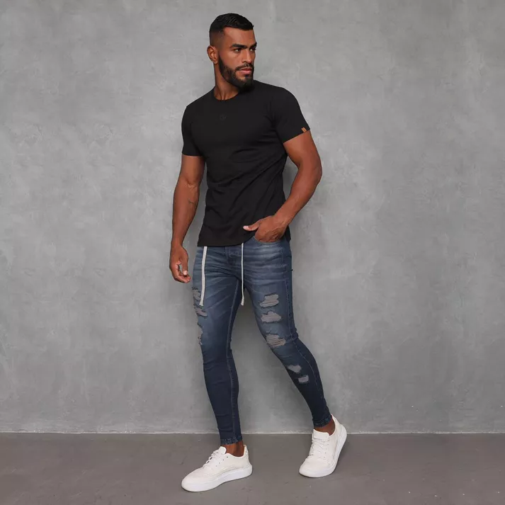 Calça Jeans Escura Skinny Destroyed Detalhe Cintur... - CHIEREGATO OUTLET