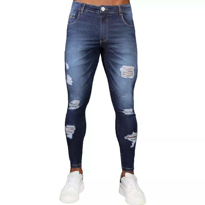 Calça Jeans Skinny Destroyed Rasgada Azul Escuro M... - CHIEREGATO OUTLET