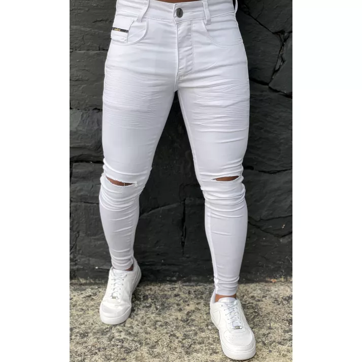 Calça Branca Skinny Com Rasgos Corte No Joelho Des... - CHIEREGATO OUTLET