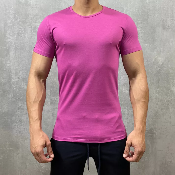Camiseta Rosa Masculina Slim Lisa Básica Manga Cur... - CHIEREGATO OUTLET