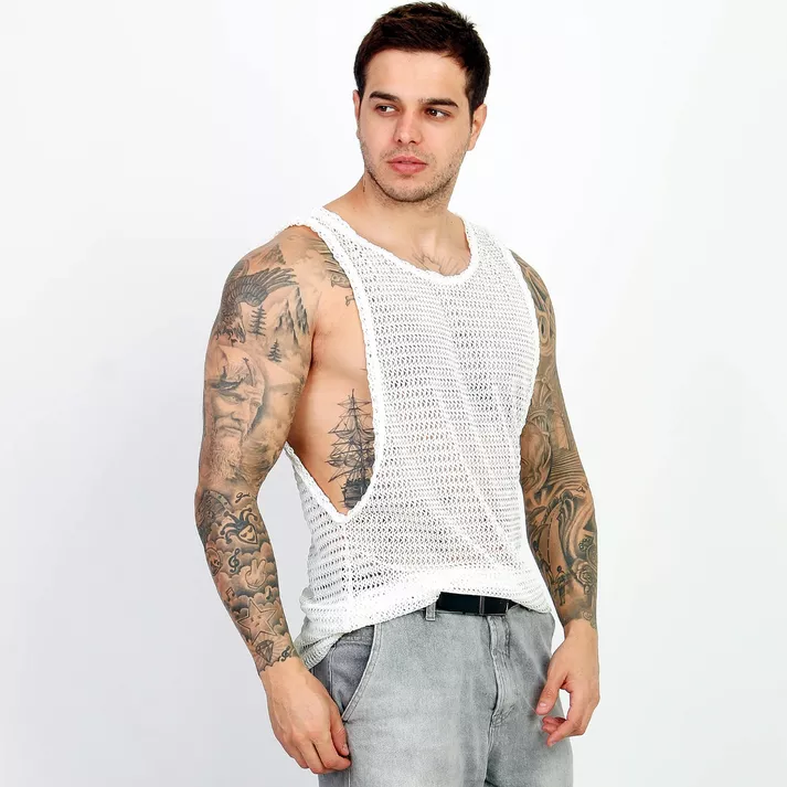 Camiseta Regata Masculina Crochê Telinha Textura V... - CHIEREGATO OUTLET
