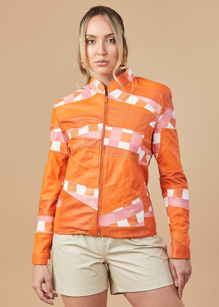 Jaqueta De Couro Pelica Patchwork Feminina Bicolor Coral Michele
