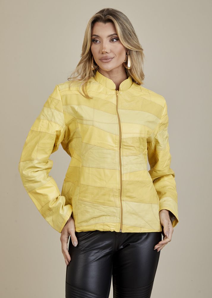 Jaqueta De Couro Pelica Patchwork Feminina Bicolor Amarelo Michele
