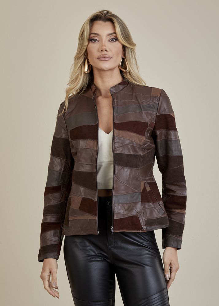 Jaqueta De Couro Pelica Patchwork Feminina Bicolor Café Michele