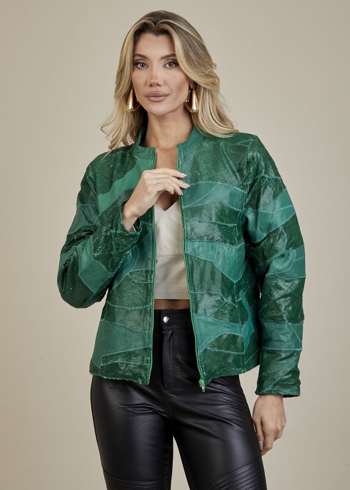 Jaqueta De Couro Pelica Patchwork Feminina Bicolor Craquelado Verde Nina