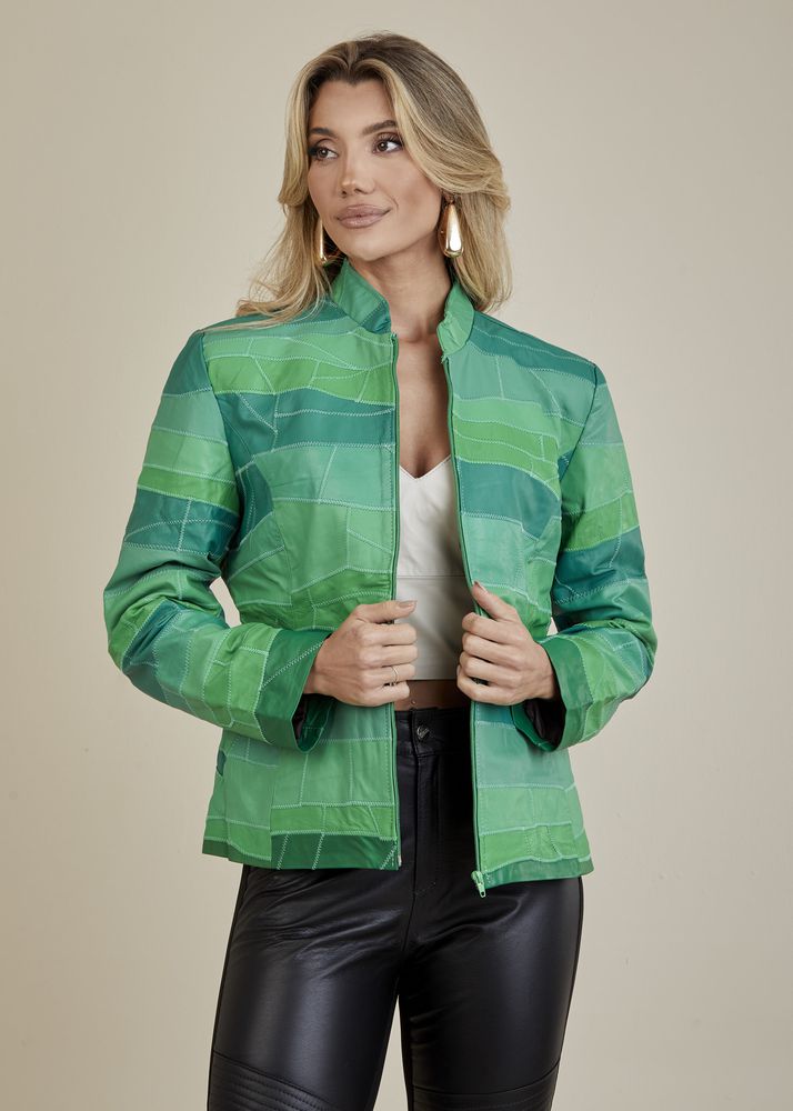 Jaqueta De Couro Pelica Patchwork Feminina Bicolor Verde Mar Michele