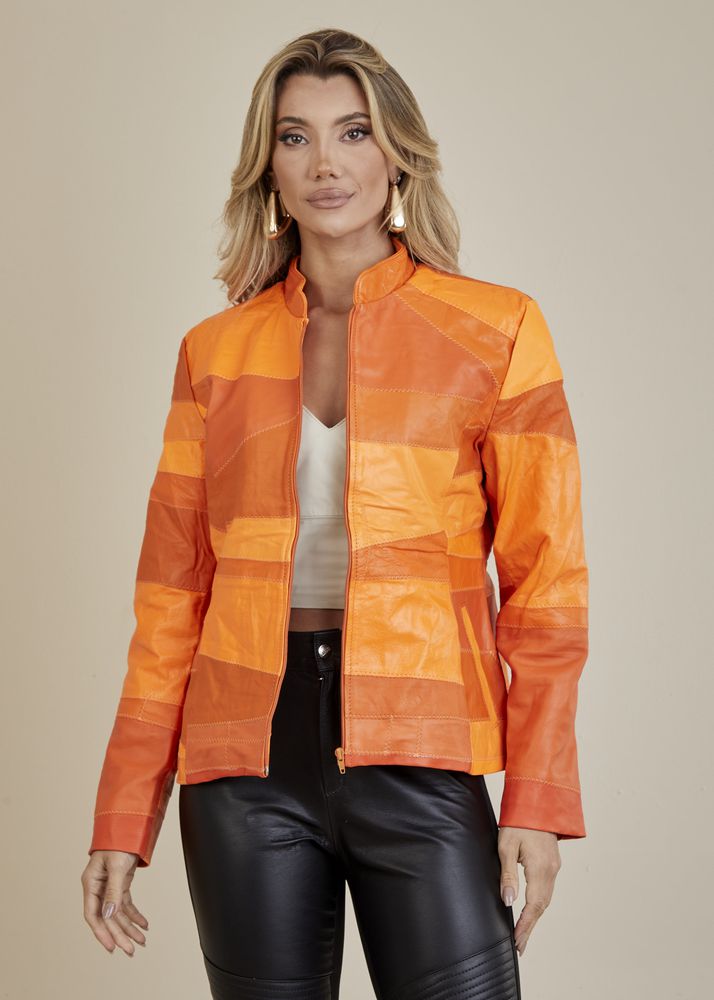 Jaqueta De Couro Pelica Patchwork Feminina Bicolor Amber Michele