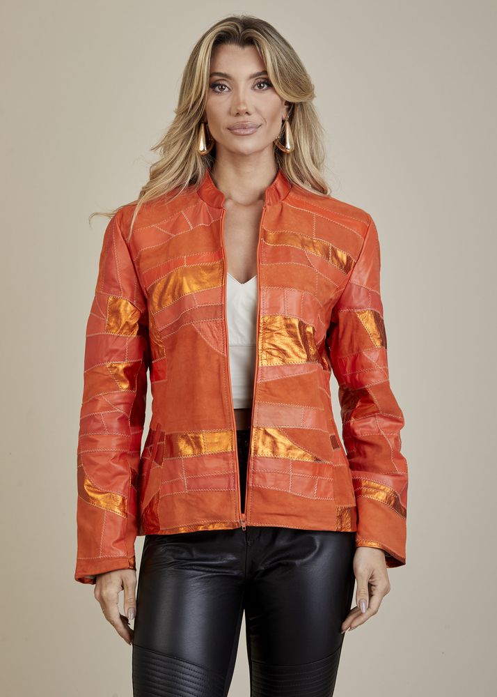 Jaqueta De Couro Pelica Patchwork Feminina Bicolor Metal Coral Michele