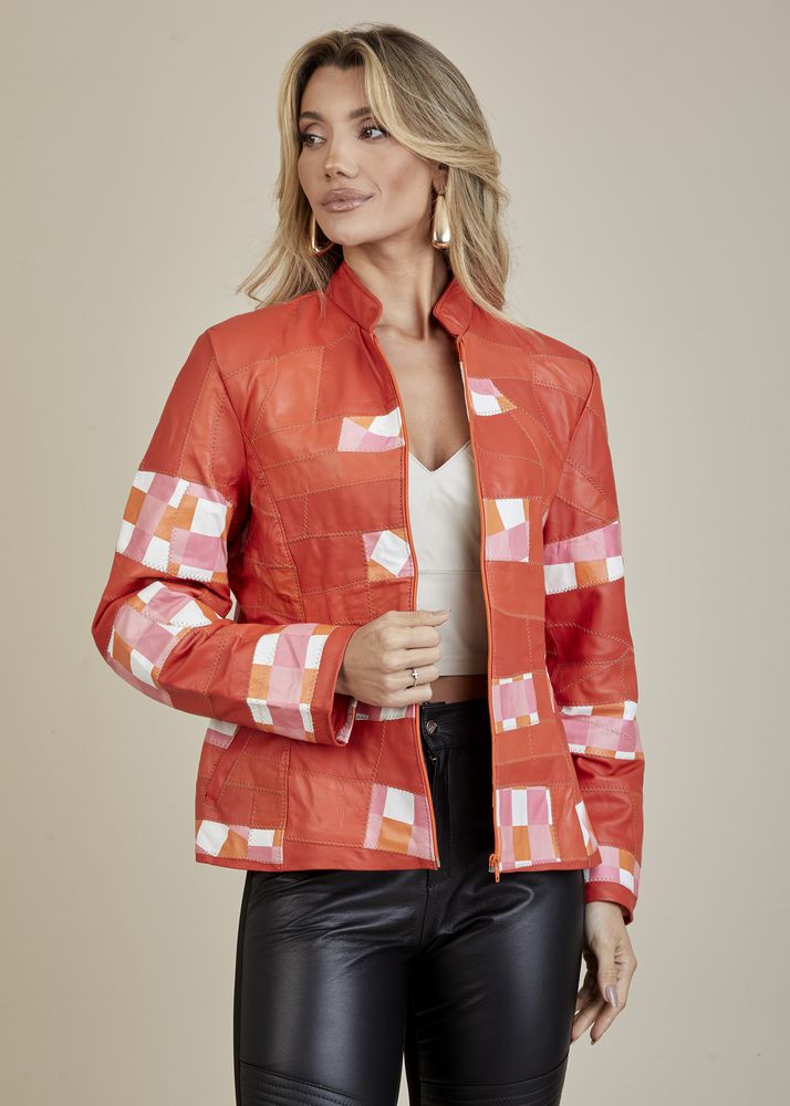 Jaqueta De Couro Pelica Patchwork Feminina Bicolor Vermelho Coral Michele