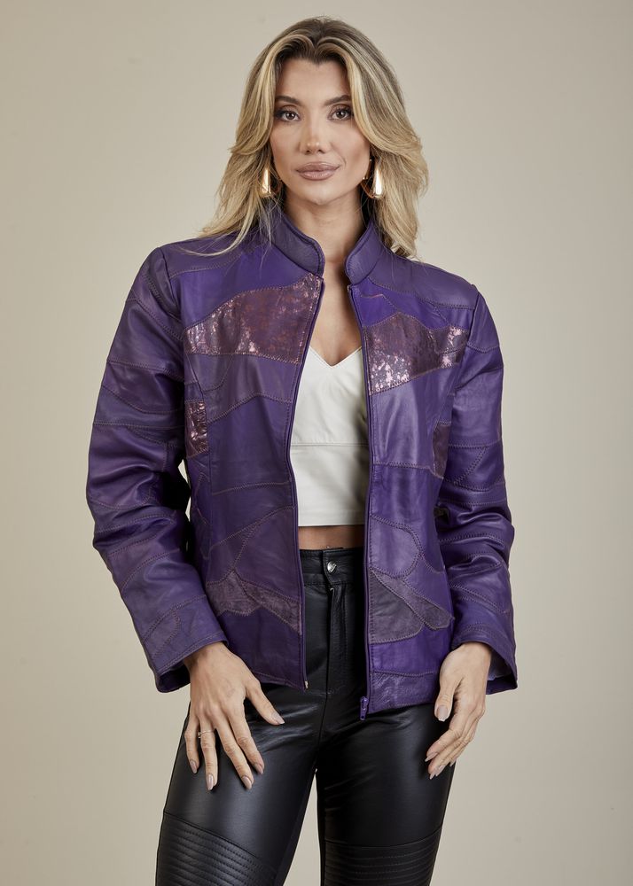 Jaqueta De Couro Pelica Patchwork Feminina Bicolor Roxo Michele