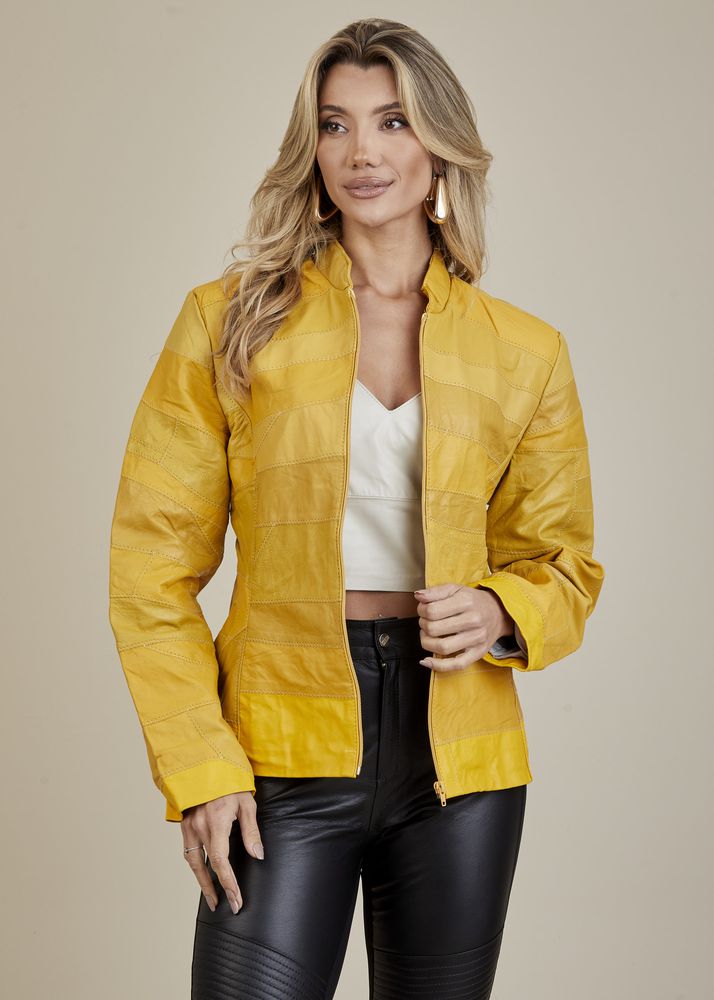 Jaqueta De Couro Pelica Patchwork Feminina Bicolor Amarelo Pastel Michele
