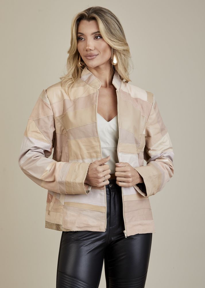 Jaqueta De Couro Pelica Patchwork Feminina Bicolor Rosé Michele